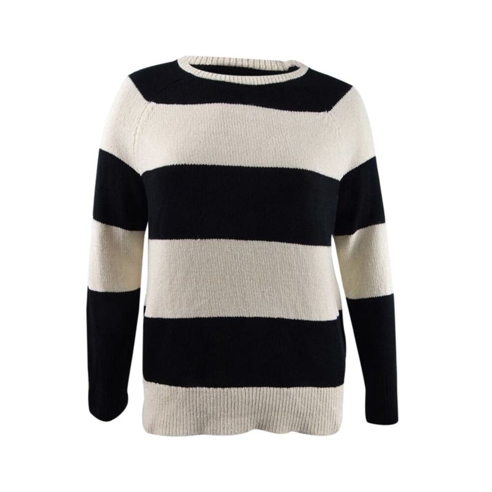 DKNY Women's Striped Sweater (L, Black/French Vanilla)